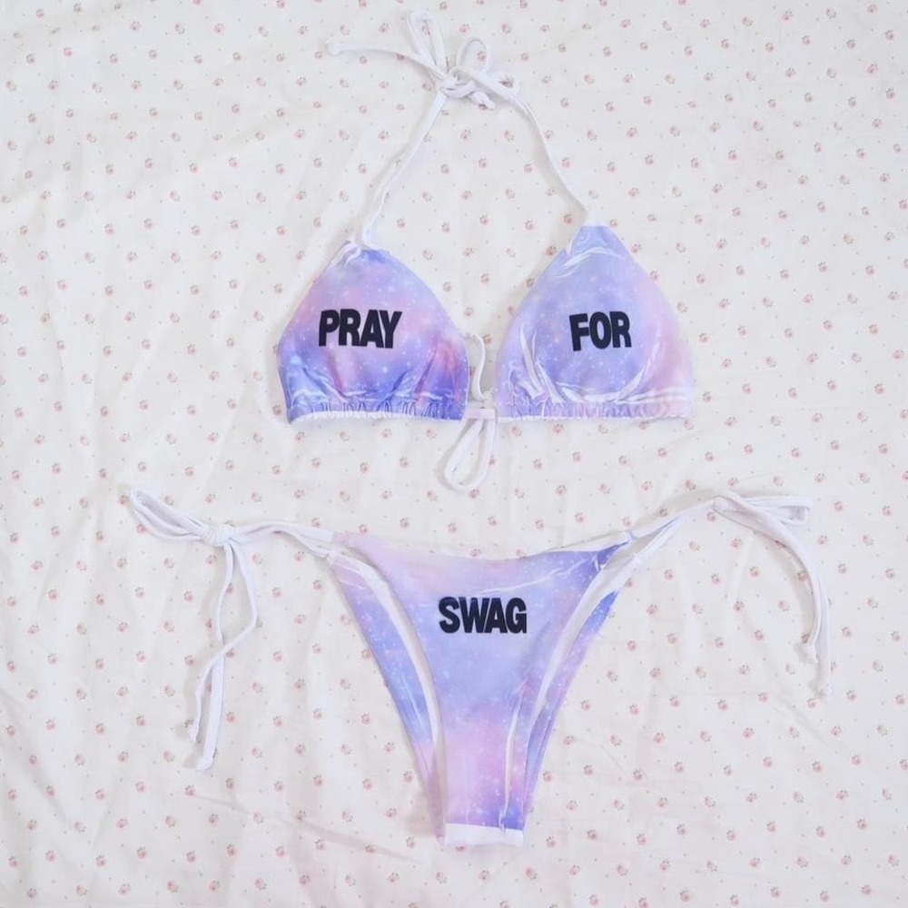 galaxy print string bikini pastel space swimsuit set